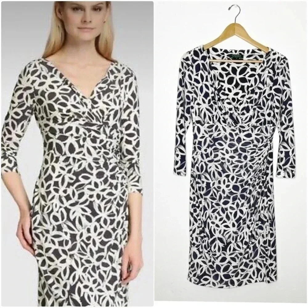 Ralph Lauren Dress Size 10 Women’s LRL 3/4 Sleeve Faux Wrap Grey Ivory